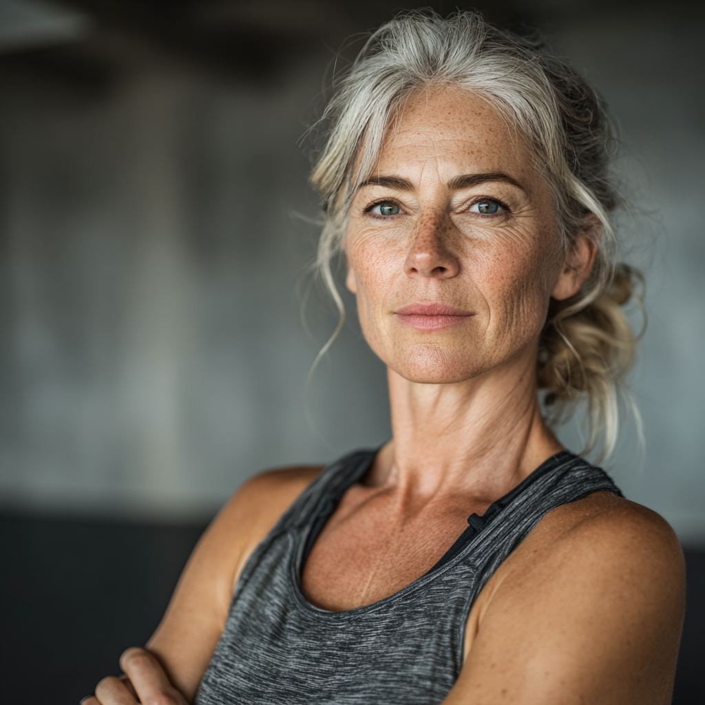 Confident mature woman in her early 50s wearing athletic attire, standing in a modern fitness studio with natural lighting, showing determination and vitality after completing a workout session
